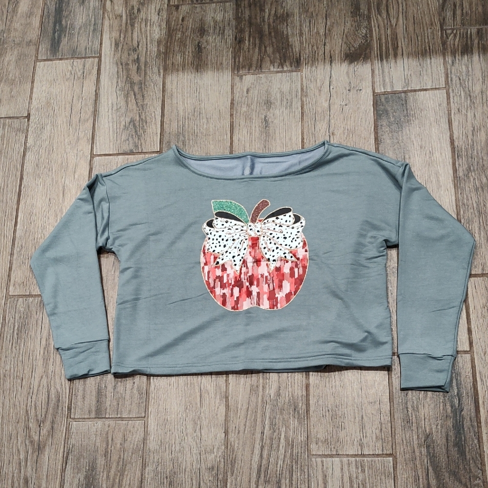 LuLaRoe Rise Balance Lonce Sleeve Top Gray Apple Graphic Small New